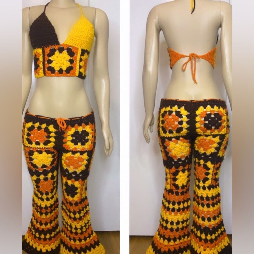 Custom Made Retro Hand Knit Halter Top & Bell Bottoms Pants  Set
